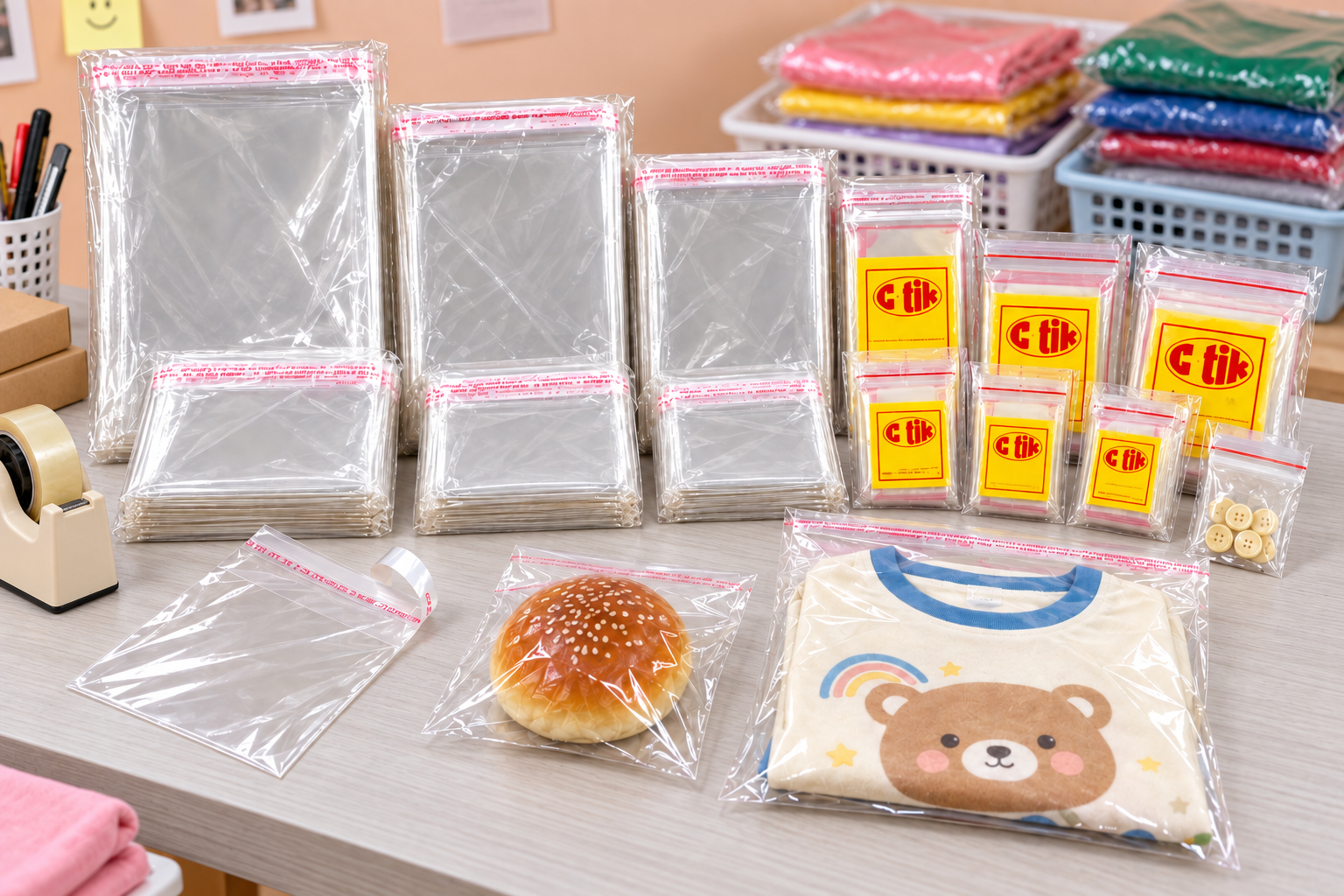 Ilustrasi Plastik OPP & Klip beserta contoh pemakaiannya di meja packing